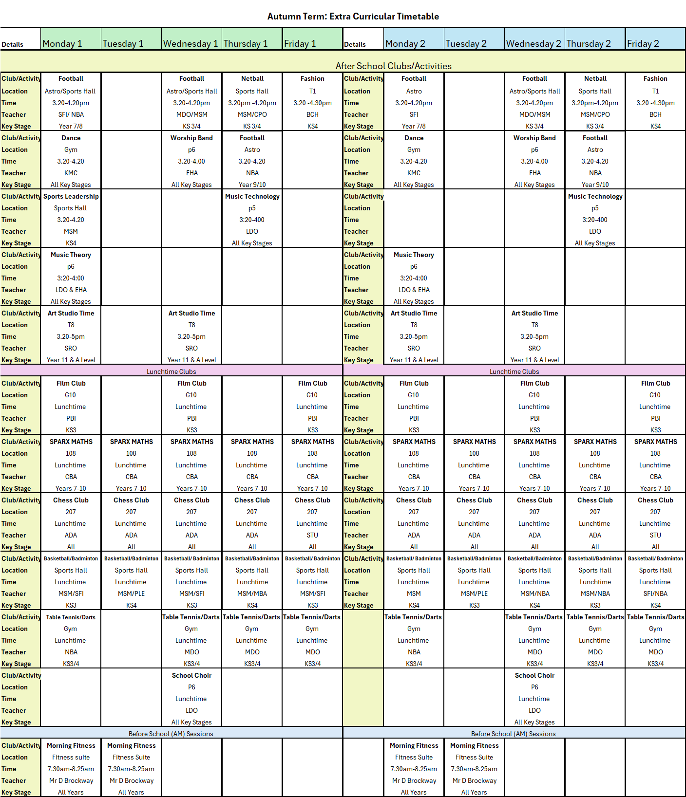 2025 Autumn Term Extracurricular Timetable